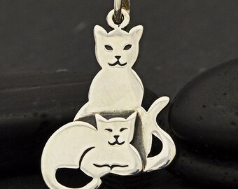 Sterling Silver Cat Charm .925 Sterling Silver Two Cats Charm. Mom and Child Charm Jewelry. Mama Cat Jewelry.