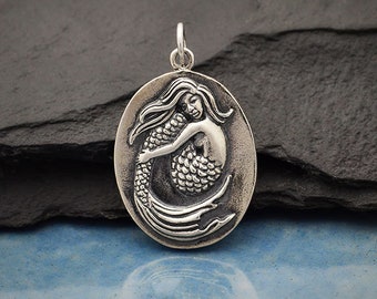 Sterling Silver Mermaid Pendant 925 Sterling Silver Oval Mermaid Charm.