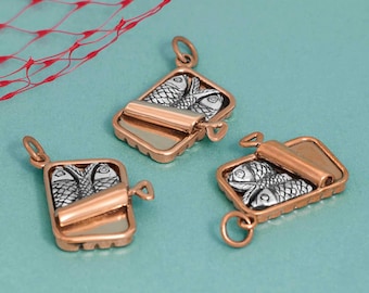 Sardines Charm Sterling Silver Sardines in Bronze Can Tiny Sardine Mixed Metal Charm