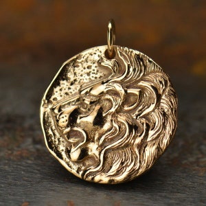 Gold Lion Necklace Solid Bronze Round Lion Charm on 14K Gold Filled Necklace. Lion Coin Pendant.