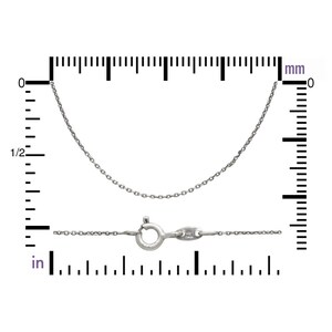 May include: A silver chain necklace with a lobster clasp. The chain is 18 inches long and is shown against a ruler.