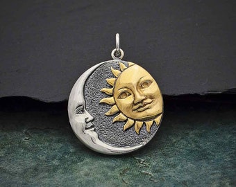 Sun and Moon Charm. Sterling Silver and Bronze Moon and Sun Charm Pendant. Mixed Metal Pendant.