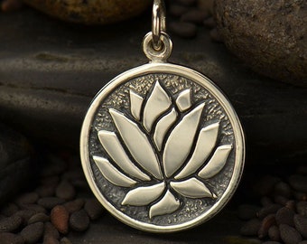 Sterling Silver Lotus Charm. 925 Sterling Silver Round Lotus Charm Necklace. Lotus Charm. Lotus Pendant.