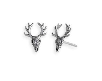 Deer Skull Earrings 925 Sterling Silver Deer Skull Antler Stud Earrings Sterling Silver Antler Jewelry