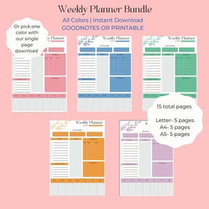 Pianificatore settimanale BUNDLE, Goodnotes, Pianificatore a pagina singola, Stampabile, Pianificatore per studenti, Pianificatore WFH, Download istantaneo, Lettera, A4, A5