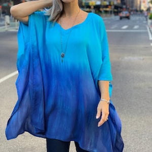 Blue beach top, Blue tunic top, Caftan top, blue ombre top, Tie dye boho top, loose blue top, boho tunic top, loose boho top
