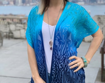 Blue ombre jacket, Silk kimono jacket, blue boho jacket, Tie dye boho kimono, Boho kimono jacket, blue silk kimono