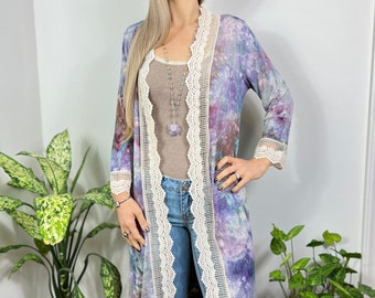 Hand-dyed cardigan with crochet, Tie dyed cardigan, Tie dyed boho top,  long boho cardigan