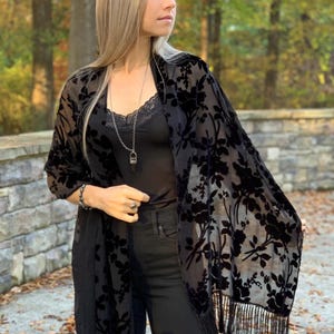 Black Velvet shawl, black floral scarf, black velvet wrap, black fringe scarf, black fringe shawl, elegant shawl, shawl for wedding, gift