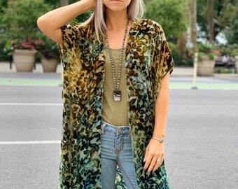 Velvet fringe kimono - Burnout velvet kimono jacket - Green/Teal velvet jacket -Tie dyed boho kimono -Bohemian clothing