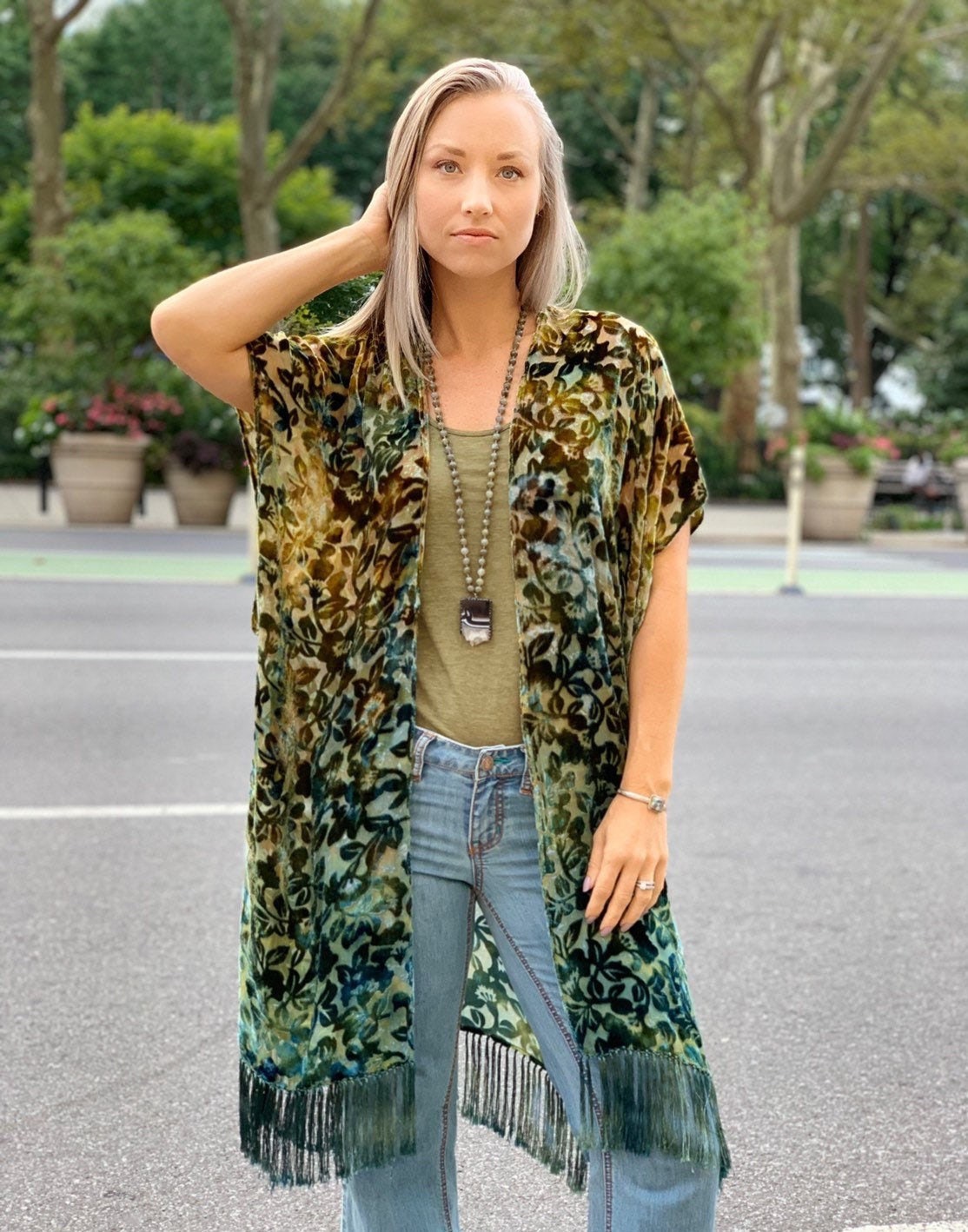 Velvet Fringe Kimono - Burnout Velvet Kimono Jacket - Green