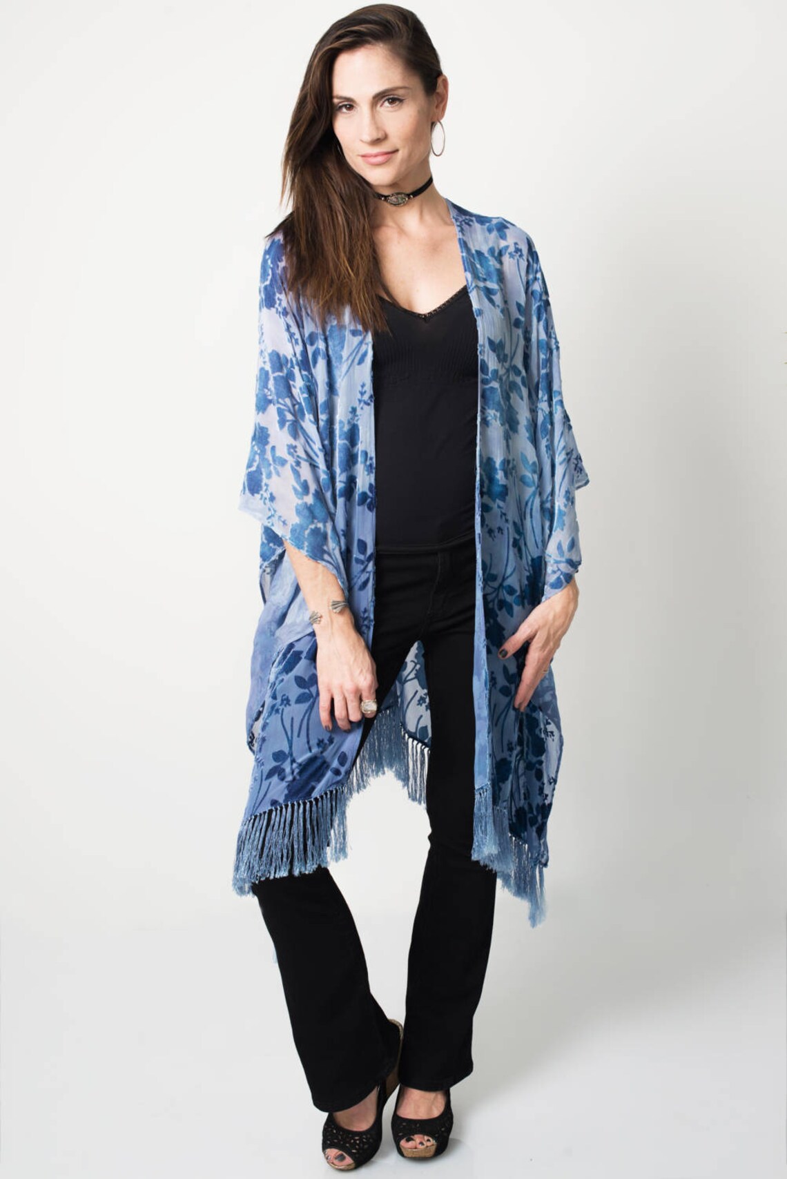 Floral kimono fringe kimono Blue boho jacket Blue ombre | Etsy