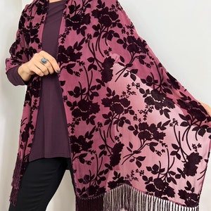 Burgundy Velvet scarf, velvet floral scarf, black velvet shawl, velvet fringe scarf, black fringe shawl, elegant holiday shawl, boho wedding