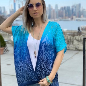 Blue ombre jacket, Silk kimono jacket, blue boho jacket, Tie dye boho kimono, Boho kimono jacket, blue silk kimono image 2