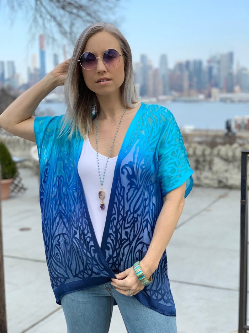 Blue ombre jacket, Silk kimono jacket, blue boho jacket, Tie dye boho kimono, Boho kimono jacket, blue silk kimono image 2