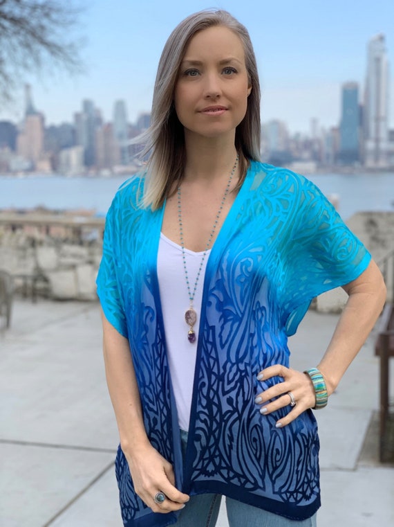Blue ombre jacket, Silk kimono jacket, blue boho jacket, Tie dye boho kimono, Boho kimono jacket, blue silk kimono