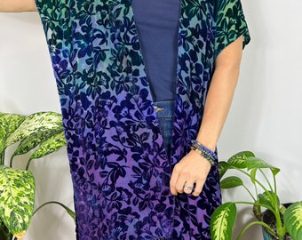 Velvet fringe kimono - Burnout velvet kimono jacket - Teal/purple velvet jacket -Tie dyed boho kimono -Bohemian clothing-velvet holiday top