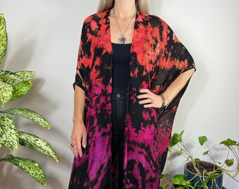 Black coral pink tie dyed kimono, Summer Boho kimono, plus size tie dye, boho beach coverup, tie dye cardigan, Loose tie dye top