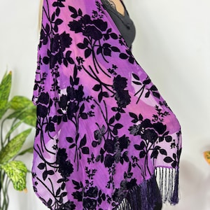 Purple Velvet scarf, floral velvet shawl, fringe velvet shawl, velvet fringe scarf, floral fringe shawl, elegant holiday shawl, boho wedding