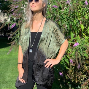 Burnout kimono, Green/black kimono jacket, green evening jacket, Burnout jacket, ombre top, kimono wrap, sheer dressy top Moss/black