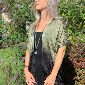 Burnout kimono, Green/black kimono jacket, green evening jacket, Burnout jacket, ombre top, kimono wrap, sheer dressy top image 2