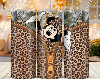 Leopard Skin Print Zipper Ddisney Minnie Mouse 20oz Skinny Tumbler Sublimation Cartoon Mickey Minnie Tumbler Gift For Ddisney Girl Women