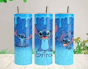 Glitter Gradient Dripping Lilo Stitch 20oz Skinny Tumbler Sublimation Disneyy Tumbler Cartoon Angel Stitch Tumbler Gift For Stitch Lovers