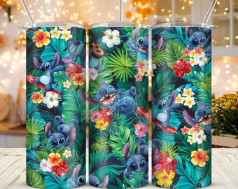 Tropical Forest Pattern Summer Angel Stitch 20oz Skinny Tumbler Sublimation Cartoon Ddisney Stitch Tumbler Gift For Ddisney Lover Girl Women