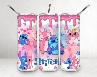 Glitter Dripping Tie Dye Flower Stitch Angel 20oz Skinny Tumbler Sublimation Cartoon Ddisney Tumbler Gift For Cartoon Stitch Lover Daughter