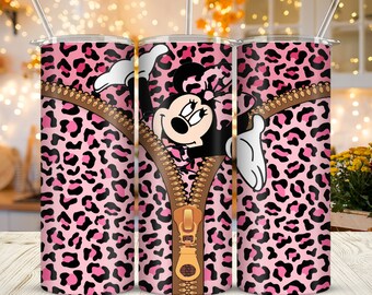 Leopard Skin Print Zipper Ddisney Minnie Mouse 20oz Skinny Tumbler Sublimation Cartoon Mickey Minnie Tumbler Gift For Ddisney Girl Women