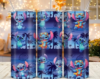 Tropical Forest Pattern Summer Angel Stitch 20oz Skinny Tumbler Sublimation Cartoon Ddisney Stitch Tumbler Gift For Ddisney Lover Girl Women