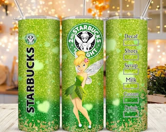 Glitter Ddisney Princess Tinker Bell 20oz Skinny Tumbler Sublimation Ppeter Pan Starbucks Tumbler Gift For Cartoon Lover Daughter Girl