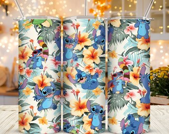 Tropical Forest Pattern Summer Angel Stitch 20oz Skinny Tumbler Sublimation Cartoon Ddisney Stitch Tumbler Gift For Ddisney Lover Girl Women