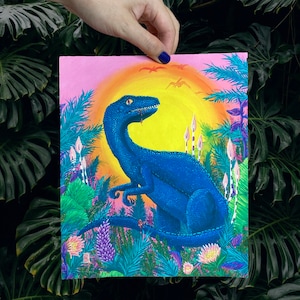 Dinosaur - Print! Cretaceous Jurassic dinosaur velociraptor rainbow frank lisa park plants neon 90s kids gift t rex