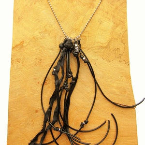 Men's Leather Skull Necklace with Sari Silk Sash, Pirate Rocker, Rockstar Festival Fashion, Musician Johnny Depp Keith Richards Gift for him