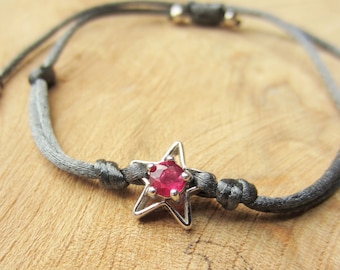 Ruby Star Charm Bracelet, Sterling Silver, Adjustable Cord