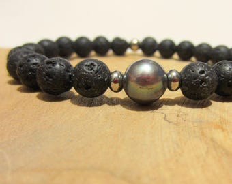 Pulsera de perlas para hombre, auténtica perla de agua dulce, piedra de lava, cuentas de acero inoxidable, regalo para él, Johnny Depp, pirata, elegante, cuentas negras