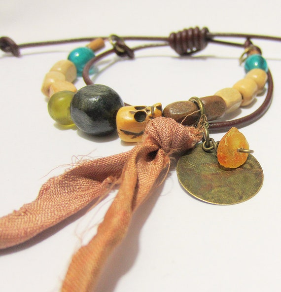 Jack Sparrow Bracelet, Pirate Charm, Johnny Depp Skull Bead, Coin, Leather,  Sari Silk Sash, Brass, Wood Beads, Musician, Rocker Festival 