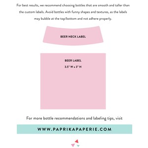 May include: A pink and white label size guide for beer bottles. The guide includes two label sizes: "Beer Neck Label" and "Beer Label" with dimensions of 3.5 inches wide by 3 inches high. The guide also includes the website address www.paprikapaperie.com and the logo "paprika PAPERIE".