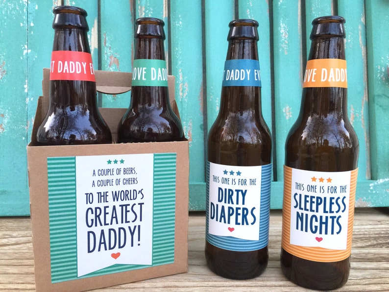 First Time Dad Beer Labels Fathers Day Gift for Daddy to Be New Dad Baby Shower Gift Daddy Milestone Beer Pregnancy Announcement for Husband Set of 4 w/Carrier