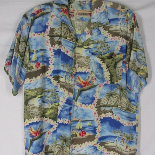 50s Rayon Hawaiian Shirt Aloha Brand Blue Print