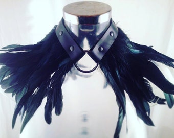 Leather Collar with rooster feathers