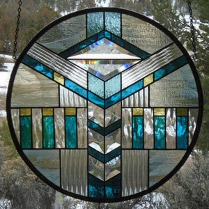 stained glass window panel PERFECT PRAIRIE 2, FLW style stained glass, craftsman stained glass, mission stained glass,round 17 3/4 diameter