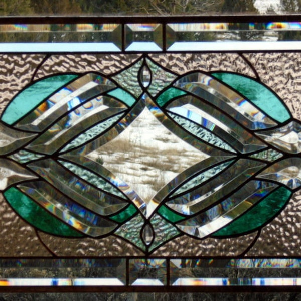 stained glass window panel "PEACH TO TURQUOISE" star bevel, beveled glass,antique jewels,aqua & peach glass, 13 3/8 X 22 3/8