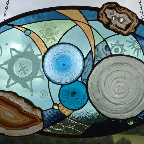 stained glass window panel"SUN & MOON"hand blown glass,antique glass,sandblasting,Brazilian agates,hand blown plates,suncatcher,petroglyphs