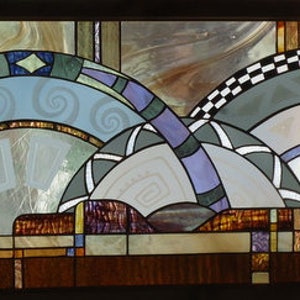 stained glass window hanging"HOPI POTS" hand blown glass,hand poured glass, sandblasting, wood framed,contemporary stained glass
