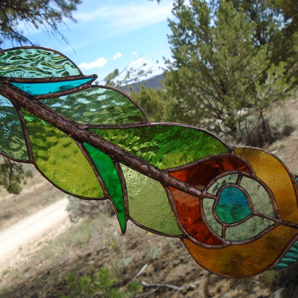 X large stained glass feather"PEACOCK FEATHER" feather suncatcher, glass feather, feathers,stained glass window, 4 1/2 x 14 1/2