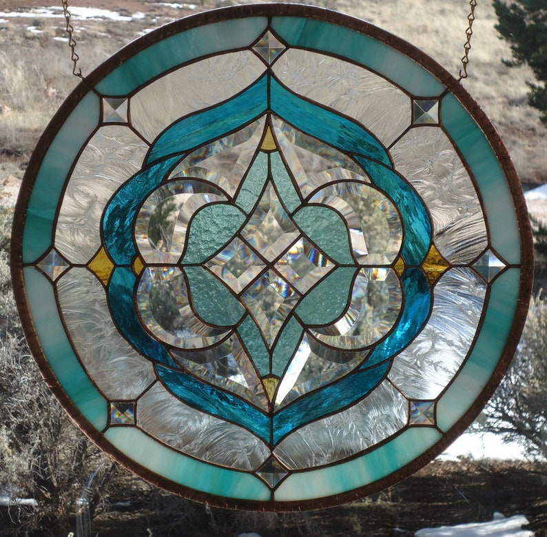 Stained Glass Window Panel Bedazzled Bevels Round Beveled Suncatcher 18 3 4