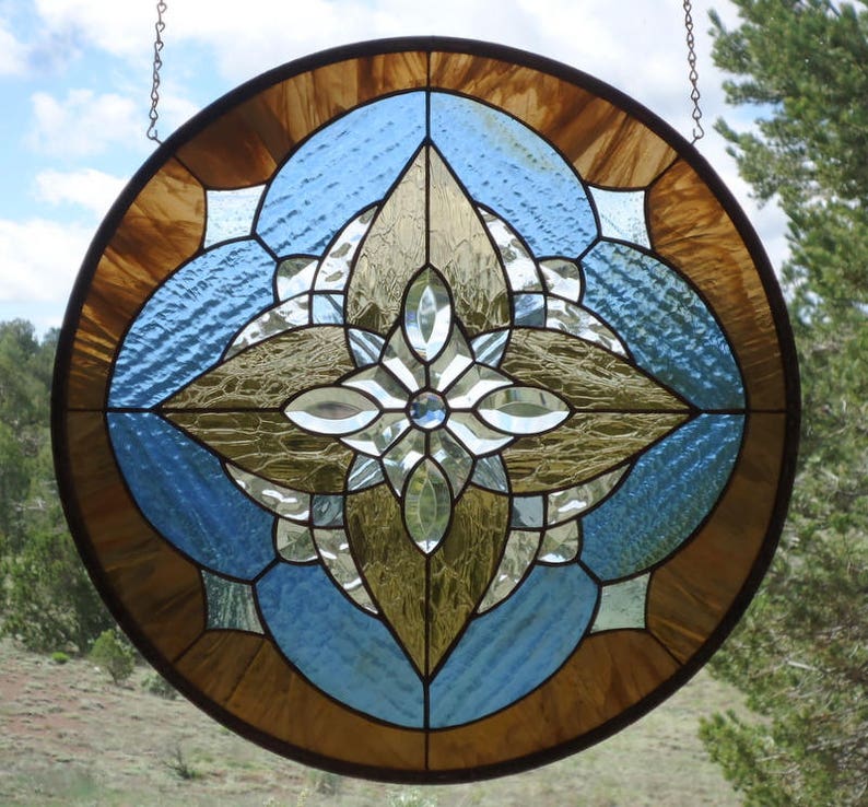 Stained Glass Window Panel Star Light Hanging Suncatcher Beveled Round