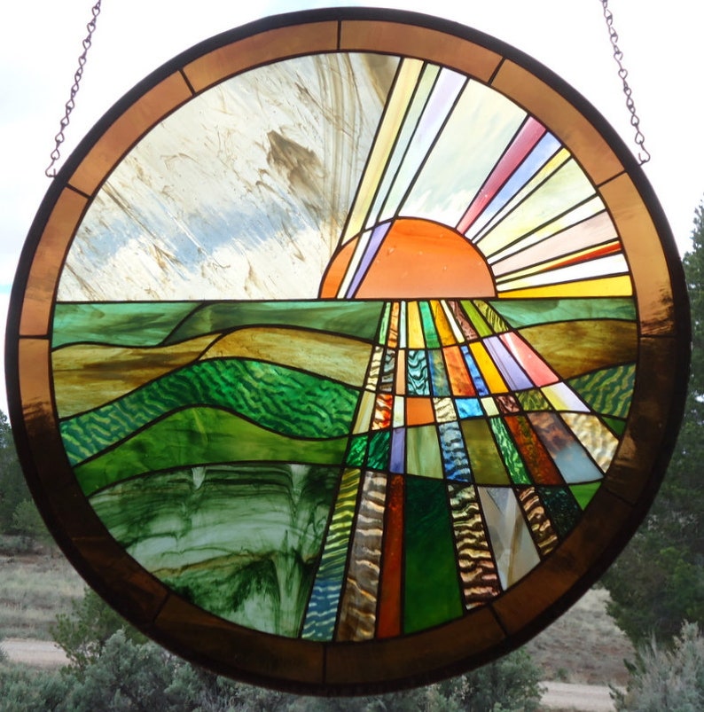 Stained Glass Window Panel Sunrise Sunset Round Hand Blown Poured Rolled Hanging Ooak 22 3 4